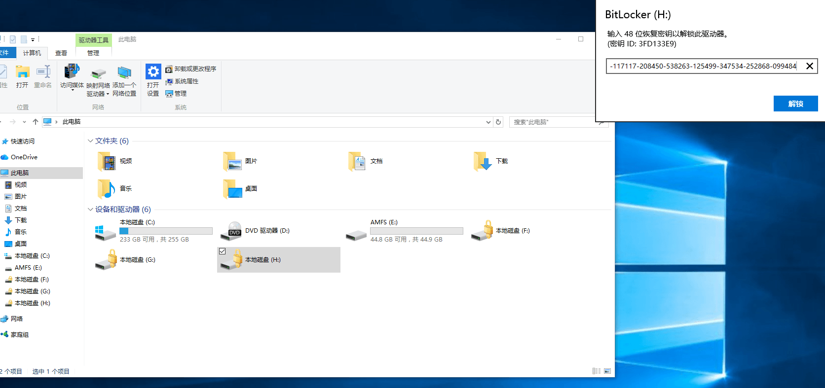 输入 BitLocker 恢复密钥解锁分区